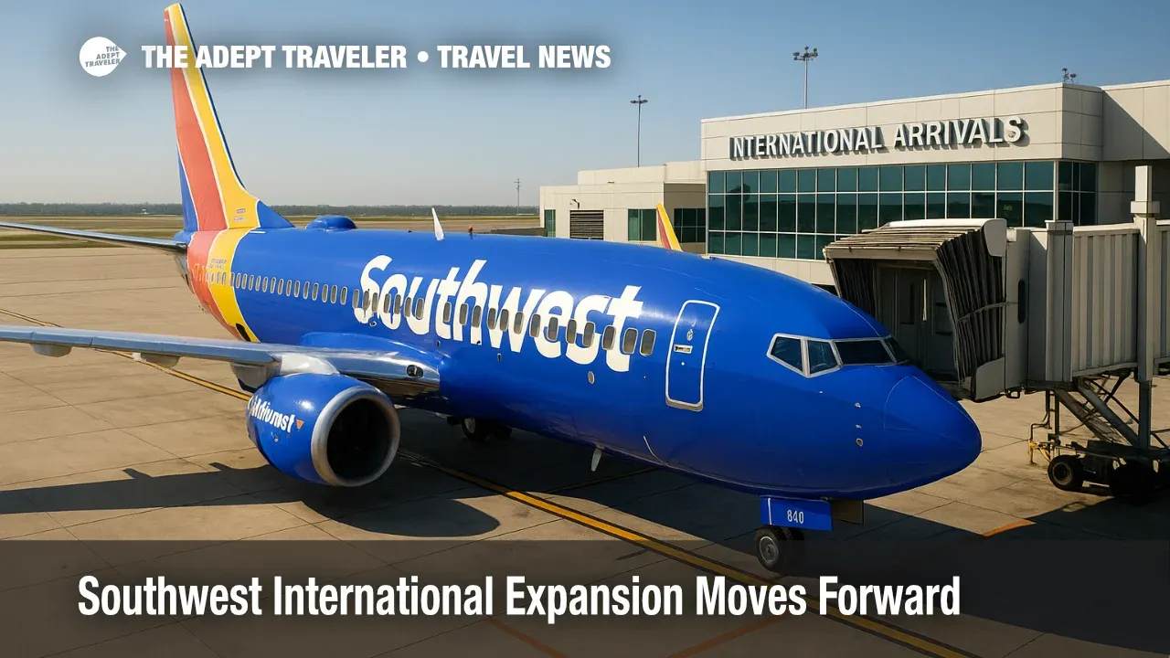 A Southwest Boeing 737 parked at an international gate, illustrating Southwest international expansion and new overseas route potential.