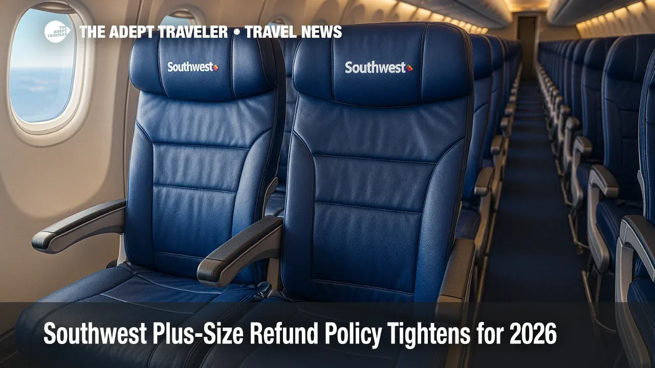 Two adjacent Southwest Airlines seats in a 737 cabin illustrate the plus-size refund policy and assigned seating changes.