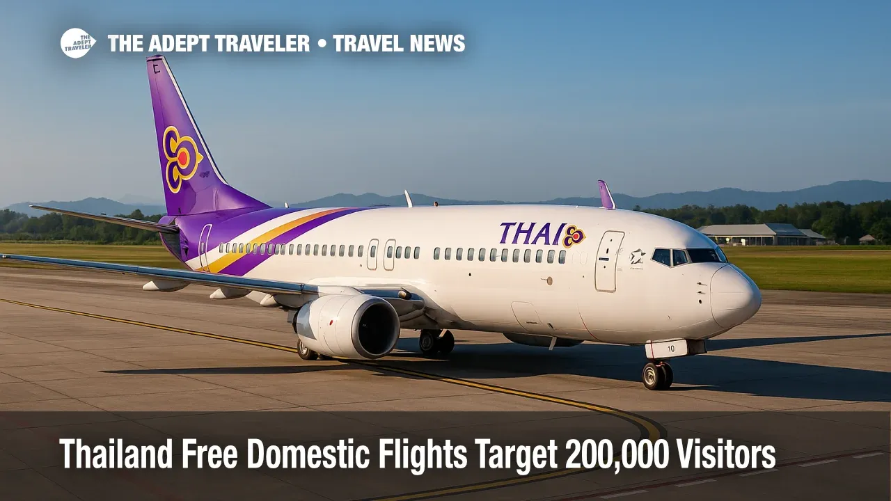 A Thai domestic jet on the ramp under clear skies illustrates Thailand free domestic flights aimed at dispersing travelers to secondary provinces.