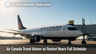 An Air Canada jet at a Pearson gate during the restart, illustrating the Air Canada travel waiver, refund policy, and rebooking options.