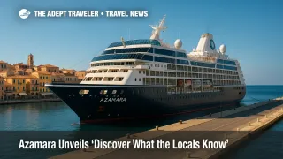 Azamara ship alongside a Mediterranean old town harbor as locals stroll the quay, reflecting Destination Immersion and small-group cultural experiences.