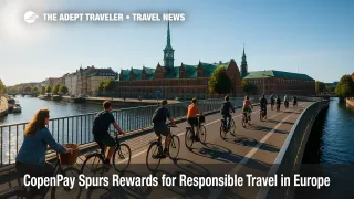 Bicyclists glide over a Copenhagen canal bridge on a sunny morning, illustrating sustainable tourism and the CopenPay rewards approach.