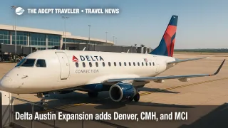 A Delta Embraer 175 sits at an AUS gate under clear skies, illustrating the Delta Austin expansion with new routes and added frequency.