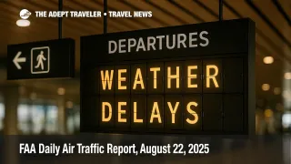 A split-flap departures board reads Weather Delays, illustrating the FAA daily air traffic report focus on disruptions.
