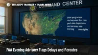 The FAA Command Center displays the evening operations map with weather overlays and program notes from the FAA evening advisory.