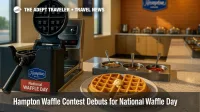 A freshly plated Belgian waffle beside a Hampton waffle iron during the Hampton waffle flavor contest promotion at breakfast.
