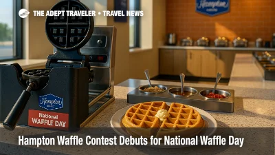 A freshly plated Belgian waffle beside a Hampton waffle iron during the Hampton waffle flavor contest promotion at breakfast.