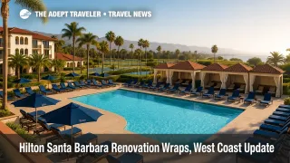 Renovated Hilton Santa Barbara pool deck with cabanas and pickleball courts in view, a timely West Coast hotel update for meetings and events.