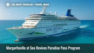 A Margaritaville at Sea cruise ship sails in turquoise Bahamian waters, representing the Paradise Pass unlimited cruise program.
