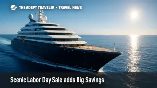 An ultra-luxury Scenic Eclipse yacht under way on calm seas, highlighting river cruise deals and discovery-yacht offers in the Scenic Labor Day sale.