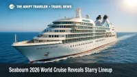 Seabourn Sojourn sails in bright sun during the Seabourn 2026 world cruise, illustrating entertainment-rich programming on the Ring of Fire route.