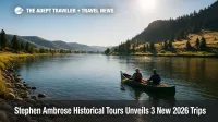 A guided canoe glides along a Montana river as part of a Lewis and Clark tour, highlighting Stephen Ambrose Historical Tours' new 2026 itineraries.