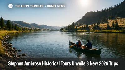 A guided canoe glides along a Montana river as part of a Lewis and Clark tour, highlighting Stephen Ambrose Historical Tours' new 2026 itineraries.