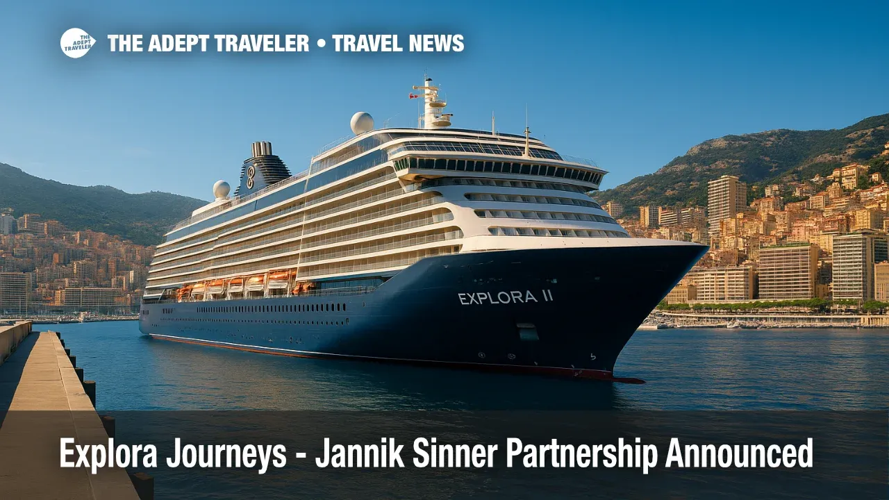 Explora Journeys ship in Monaco as Jannik Sinner becomes brand ambassador, highlighting the brand's sports partnership.