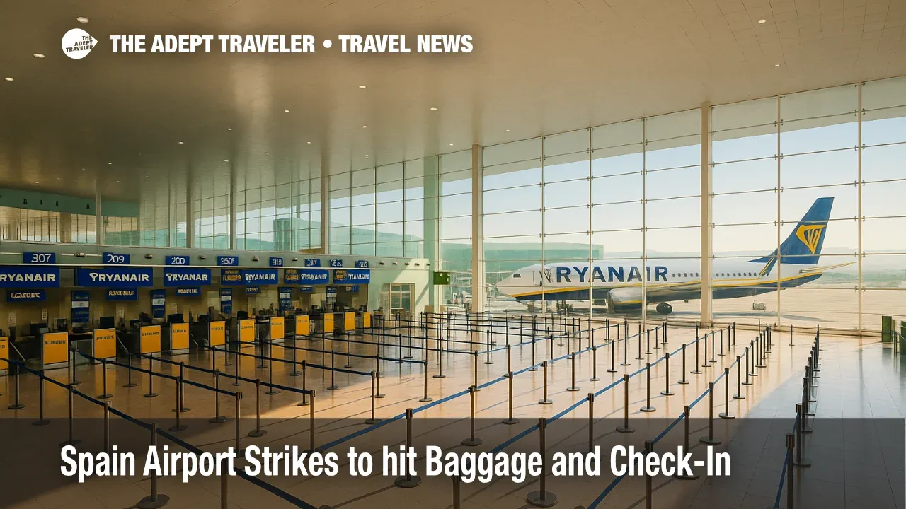A busy Barcelona-El Prat check-in hall during Spain airport strikes, with Ryanair bag-drop counters and stanchions forming long lines.