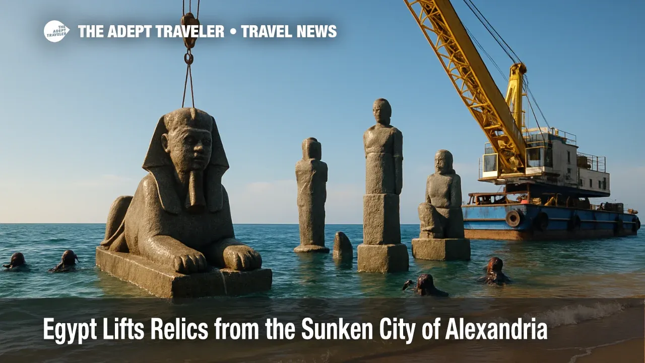 Divers and a crane recover artifacts from Abu Qir Bay as Egypt showcases underwater archaeology from the sunken city Alexandria.