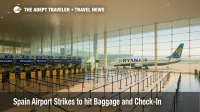 A busy Barcelona-El Prat check-in hall during Spain airport strikes, with Ryanair bag-drop counters and stanchions forming long lines.