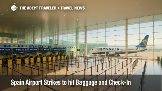 A busy Barcelona-El Prat check-in hall during Spain airport strikes, with Ryanair bag-drop counters and stanchions forming long lines.