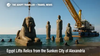 Divers and a crane recover artifacts from Abu Qir Bay as Egypt showcases underwater archaeology from the sunken city Alexandria.