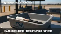 A TSA checkpoint bin with a capped cordless curling iron illustrates updated TSA checked luggage rules for lithium and butane hair tools.