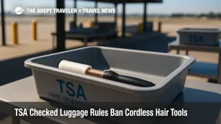 A TSA checkpoint bin with a capped cordless curling iron illustrates updated TSA checked luggage rules for lithium and butane hair tools.