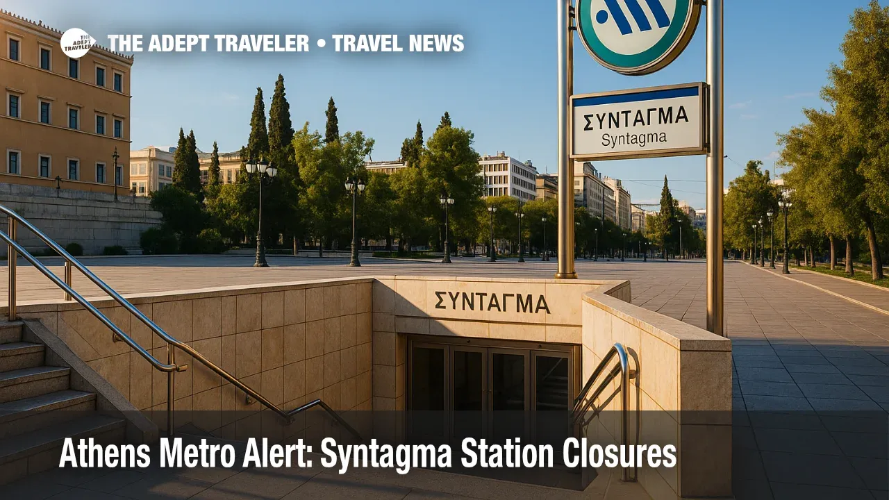 Syntagma Metro Station entrance at Syntagma Square with Athens Metro pylon, illustrating protest-day service changes on the Athens Metro.