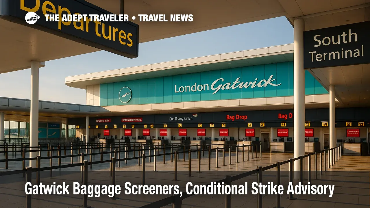 Departures hall at London Gatwick with active bag-drop lines, illustrating check-in timing and baggage delay planning for a Gatwick baggage screeners strike.