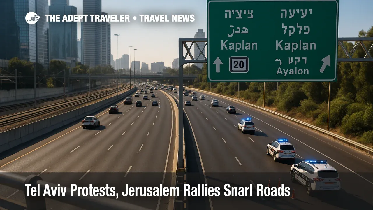 Evening slowdown on Tel Aviv's Ayalon Highway near Kaplan during large Tel Aviv protests, raising risks for Ben Gurion Airport transfers.