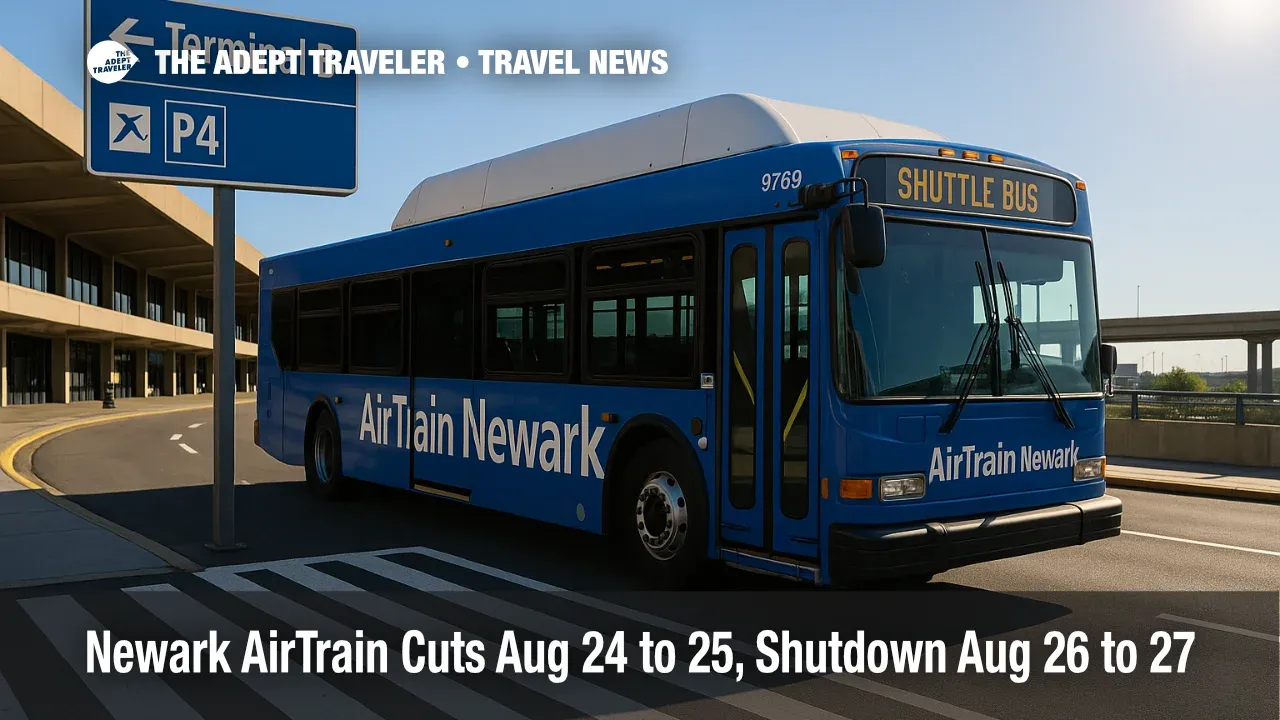 A shuttle bus and signs guide travelers during the Newark AirTrain shutdown at EWR, with terminals visible under clear skies.