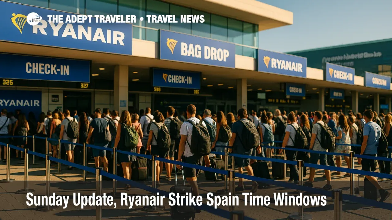 Travelers queue at Spain Ryanair counters during Sunday strike windows, showing peak-hour slowdowns tied to the Ryanair strike Spain.