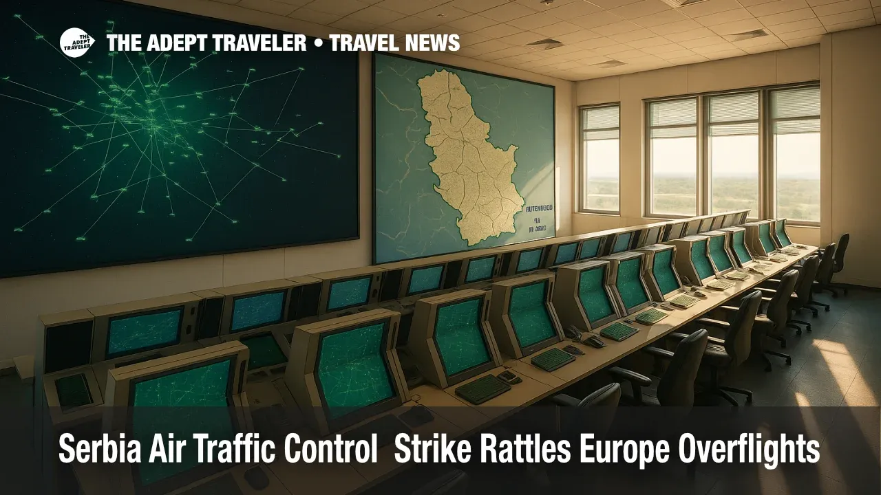 A control room view of Belgrade ACC radar displays and Serbia airspace map during the Serbia ATC strike affecting Europe overflights.