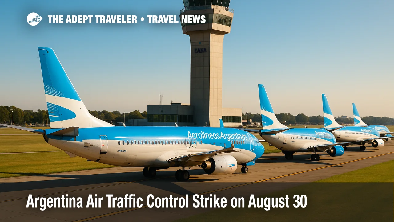 Airliners queue beneath the Ezeiza control tower during the Argentina ATC strike, with departures paused in scheduled hour-block windows.