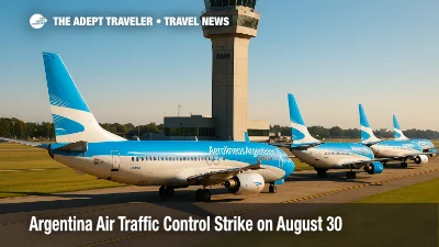 Airliners queue beneath the Ezeiza control tower during the Argentina ATC strike, with departures paused in scheduled hour-block windows.