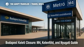 Travelers connect via Metro M4 at Kelenföld during the Budapest Keleti station closure, a fast link to central sights and river cruise piers.