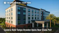 A new Cambria Hotel Tampa-Brandon exterior with signage, ideal for cruise stays near Port Tampa Bay, featuring porte-cochère and palm landscaping.