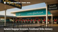 Departures hall at London Gatwick with active bag-drop lines, illustrating check-in timing and baggage delay planning for a Gatwick baggage screeners strike.