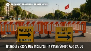 Barricades on Vatan Street during Istanbul Victory Day road closures, with detour arrows and signage guiding traffic away from the ceremony route.