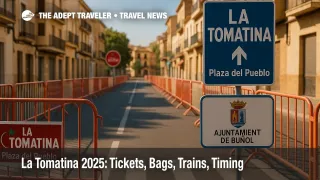 Barricades and route signage in Buñol's Plaza del Pueblo ahead of La Tomatina, supporting Valencia day trip planning and access control details.