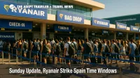 Travelers queue at Spain Ryanair counters during Sunday strike windows, showing peak-hour slowdowns tied to the Ryanair strike Spain.