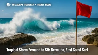 Powerful Atlantic swells from Tropical Storm Fernand crash along Bermuda's South Shore, highlighting elevated rip-current risk for beachgoers.