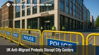 UK police cordon and barriers outside a city-center hotel during UK anti-migrant protests, illustrating short-notice traffic diversions.