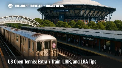 Fans queue on the Mets-Willets Point 7 train platform after a night session at the US Open Tennis, with Arthur Ashe Stadium visible in Queens.