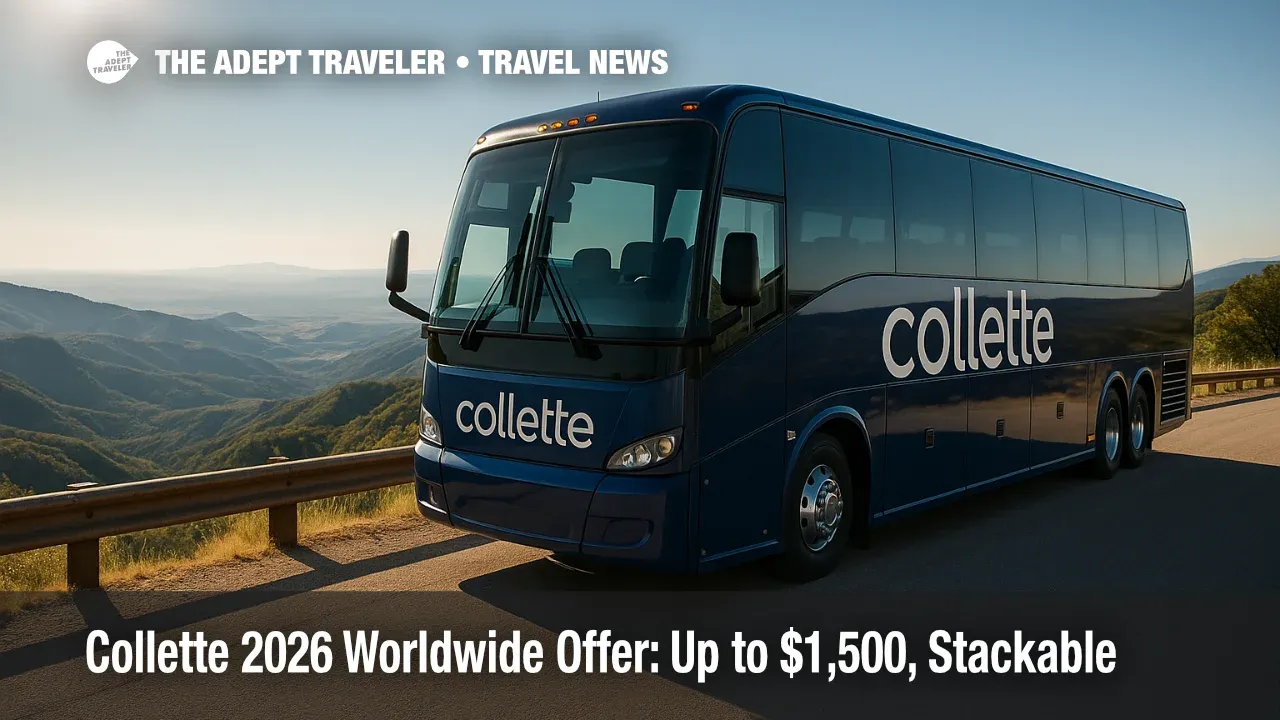 A Collette tour coach at a panoramic overlook promotes the Collette 2026 worldwide offer on guided tours across multiple regions.