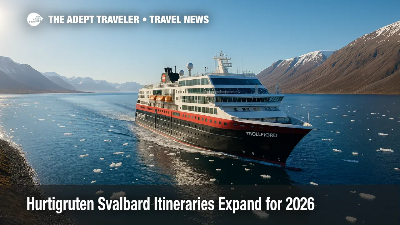 A Hurtigruten ship sails in Isfjorden under clear skies, highlighting new Svalbard itineraries and community-led Open Village experiences.
