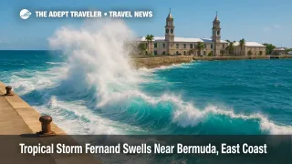 Energetic Atlantic surf rolls along Royal Naval Dockyard as Tropical Storm Fernand swells linger, signaling elevated rip-current risk.