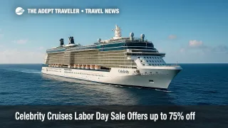 A Celebrity ship departs a sunny channel, illustrating the Celebrity Cruises Labor Day sale and new-season cruise deals.