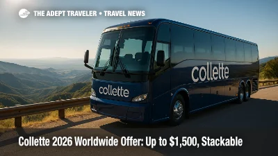 A Collette tour coach at a panoramic overlook promotes the Collette 2026 worldwide offer on guided tours across multiple regions.