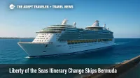 Liberty of the Seas navigates low Atlantic swells near Bermuda after a Hurricane Erin-related itinerary change, with clear skies and calm seas.