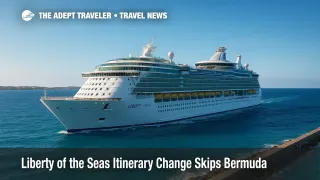 Liberty of the Seas navigates low Atlantic swells near Bermuda after a Hurricane Erin-related itinerary change, with clear skies and calm seas.