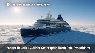 Le Commandant Charcot navigates Arctic pack ice on a Geographic North Pole expedition, with open leads and pressure ridges under clear skies.